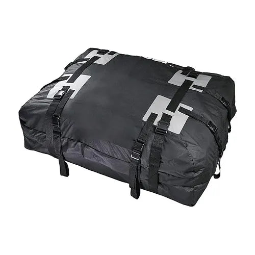 Side angle view of the universal rooftop cargo carrier bag, emphasizing the thick security straps, sturdy fastening buckles, and smooth, weather-resistant black exterior.