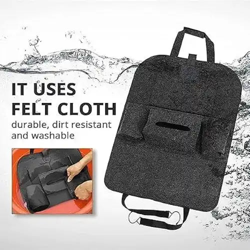 Graphic highlighting the durable, dirt-resistant, and washable felt cloth material of a dark grey car back seat organizer. It features a water splash background and an inset photo showing the organizer being easily washed by hand in a basin.