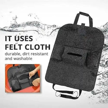 Graphic highlighting the durable, dirt-resistant, and washable felt cloth material of a dark grey car back seat organizer. It features a water splash background and an inset photo showing the organizer being easily washed by hand in a basin.