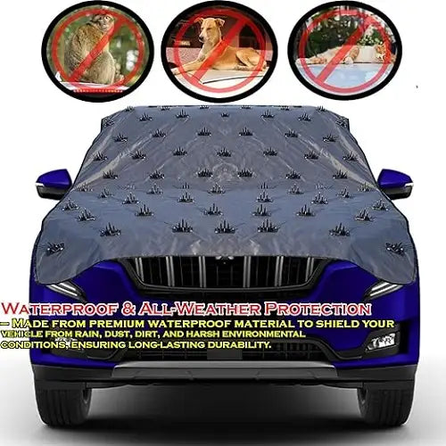 Waterproof and all-weather anti-scratch spiked car cover, featuring warning icons that indicate its specific design to keep monkeys, stray dogs, and cats off the vehicle's exterior.