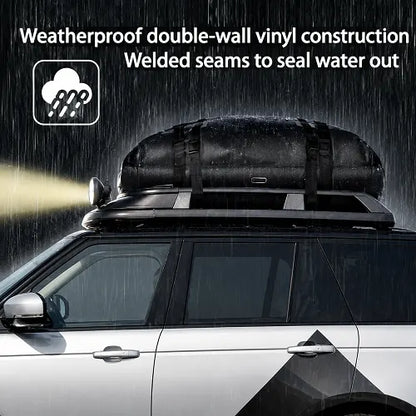 An infographic demonstrating the extreme waterproof capabilities of the Velura car roof luggage bag mounted on an SUV during heavy night rain. Text callouts highlight the weatherproof double-wall vinyl construction and welded seams designed to completely seal water out.
